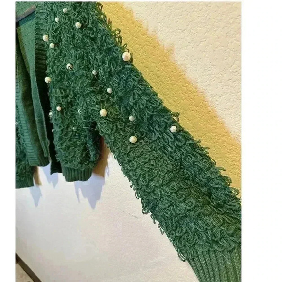 Mighty Fine Womens XL Loop Knit Green Pearl Cropped Cardigan Sweater Preppy‎ - Picture 4 of 10
